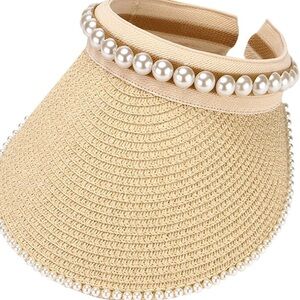 Elegant Pearl-Embellished Tan Visor